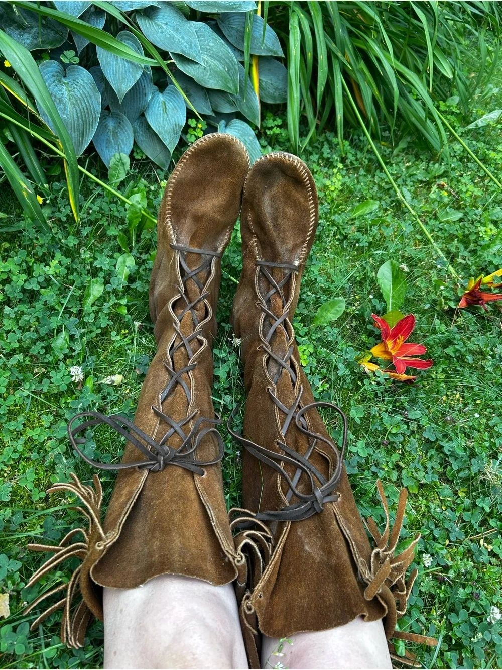 Vintage 70s Brown Suede Leather Lace-Up Fringe Knee-High Moccasins Boots